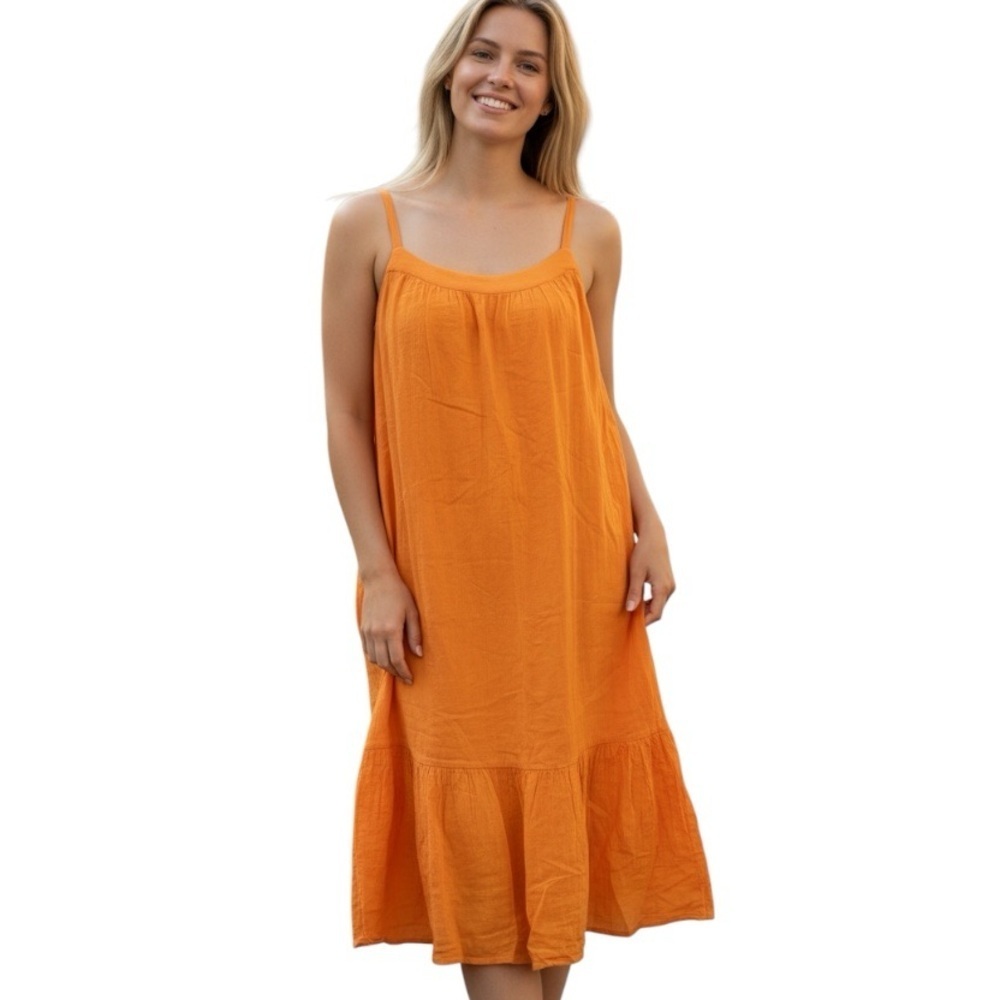 GAP Women’s Orange Sleeveless Gauze Cotton Tiered Relaxed Fit Midi Dress Large
